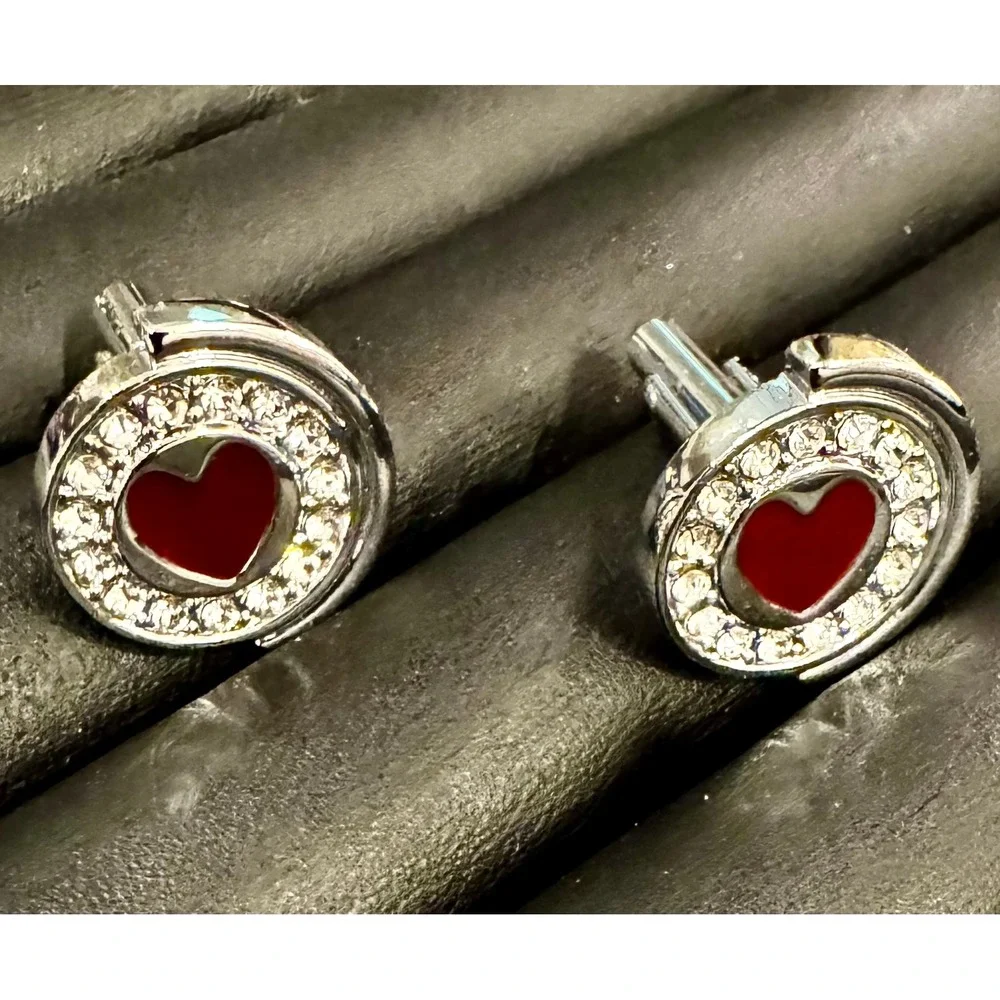 Silver Tone Red Enamel Heart Cufflinks 20mm Crystal Halo Round Formal Wedding